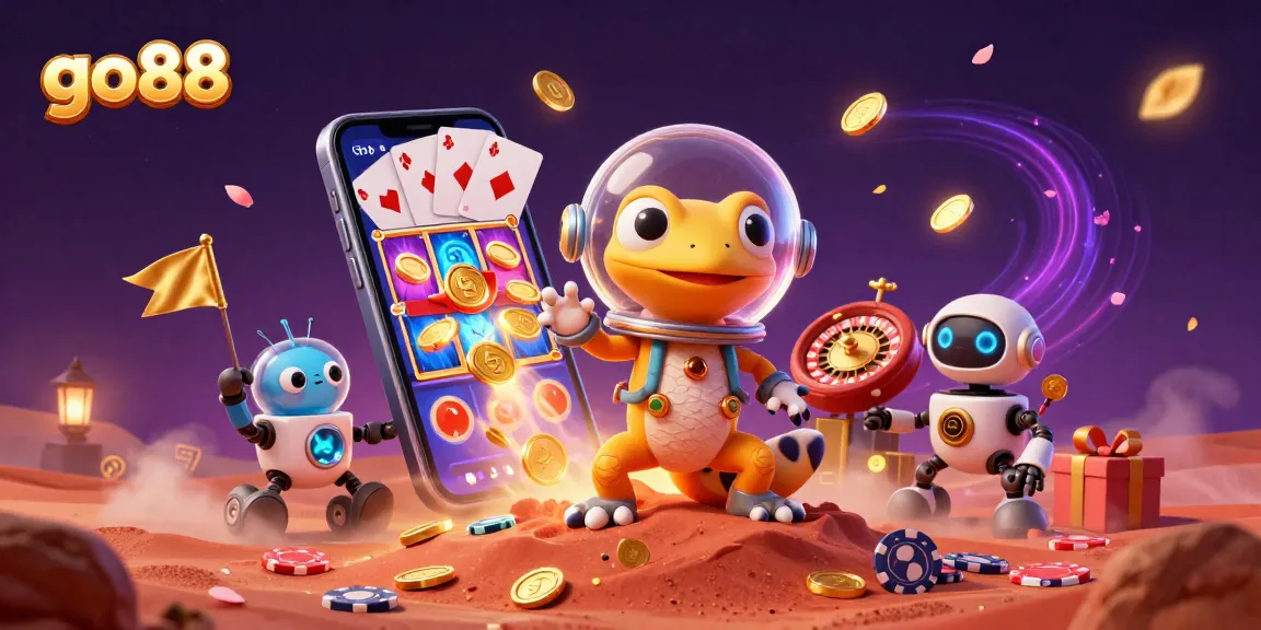 go88 Martian gecko explores a golden casino, animated 3D scene with vibrant casino elements.