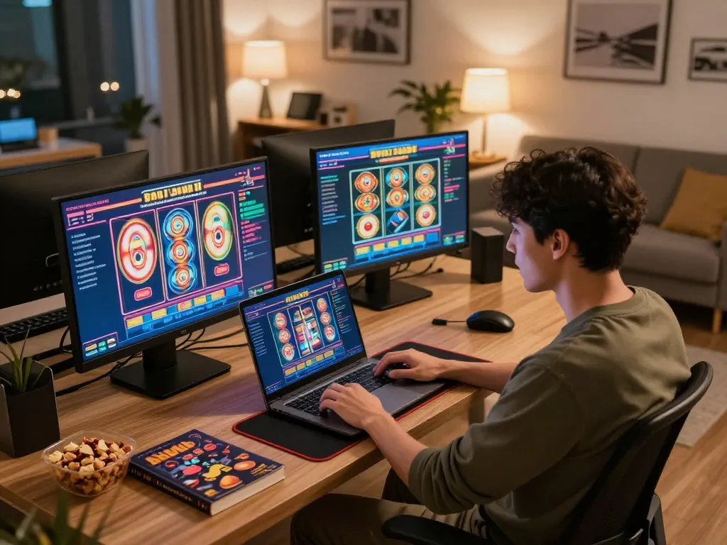 Engaged player enjoying situs slot games on laptop in a cozy home setting with snacks.