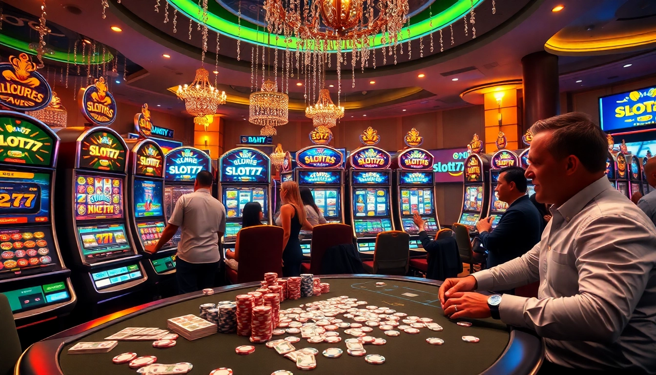 Players enjoying spins on the slots777 machines at a luxurious casino environment.