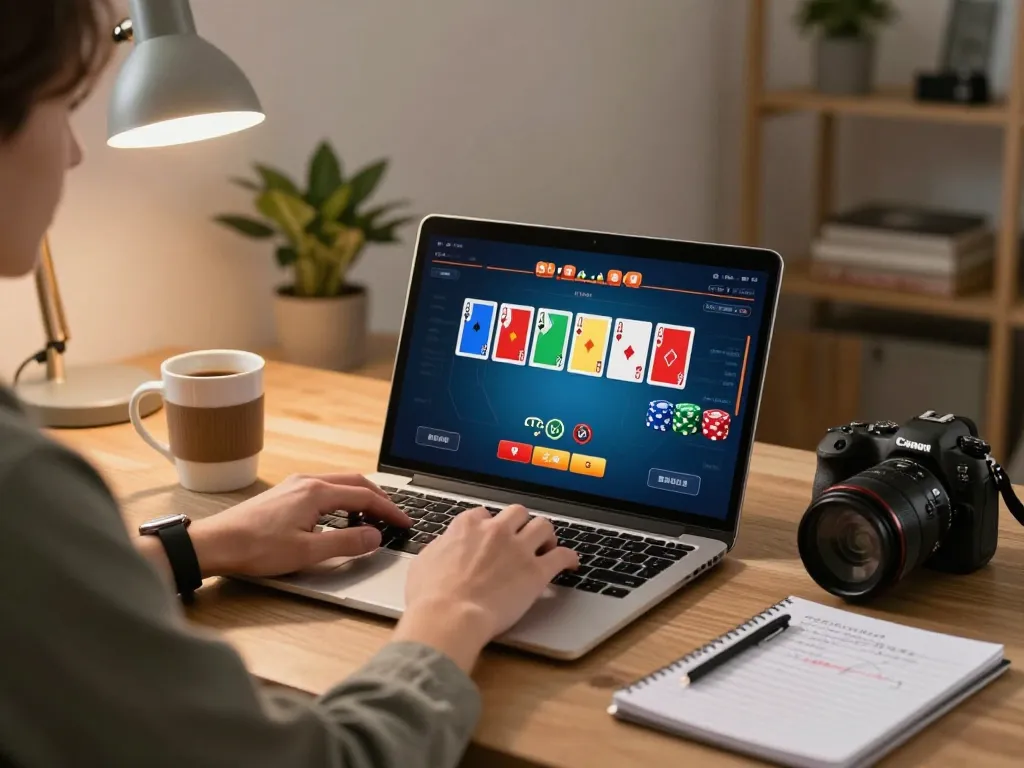 Player engaging in strategic online casino gameplay on SC88VN as cards are displayed on the laptop.