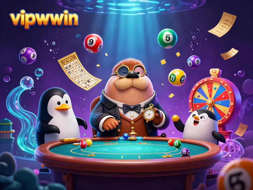 Engage in thrilling gameplay at vipwwin, featuring a jolly walrus in a Victorian outfit amidst vibrant casino elements.