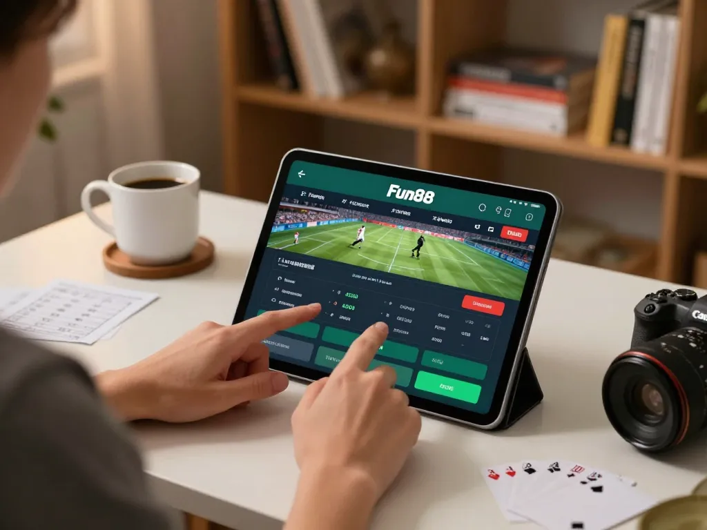 Engaging with the Fun88 app for strategic online betting in a cozy home office.