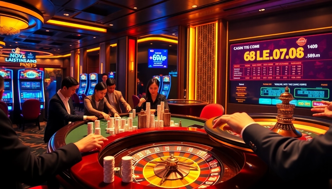 Experience the thrill of gaming at 68VIP.COM with lively gamblers at a luxurious casino table.