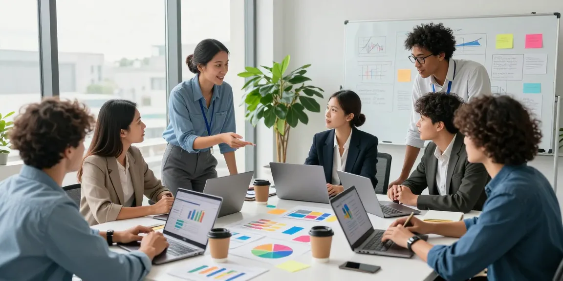 Kolaborasi bisnis di kantor modern, tim profesional berdiskusi tentang balak66 dalam suasana energik.