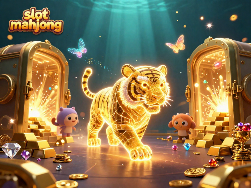 Experience the excitement of slot mahjong in a vibrant digital casino filled with gold and treasures.