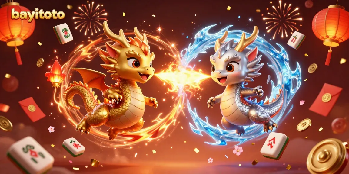 Fuel your excitement with bayitoto's dynamic illustration of gold and silver dragons surrounded by vibrant casino elements.