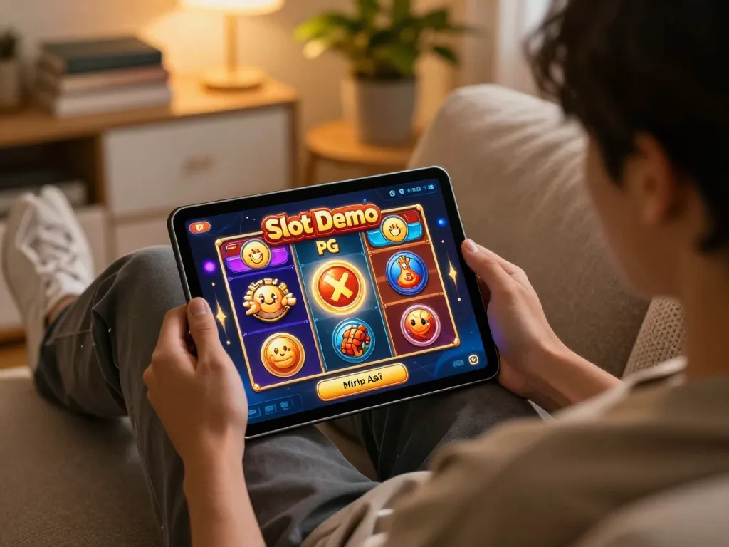 Rasakan Slot Demo PG Soft Mirip Asli dengan permainan yang mendalam di tablet dalam suasana rumah yang nyaman.