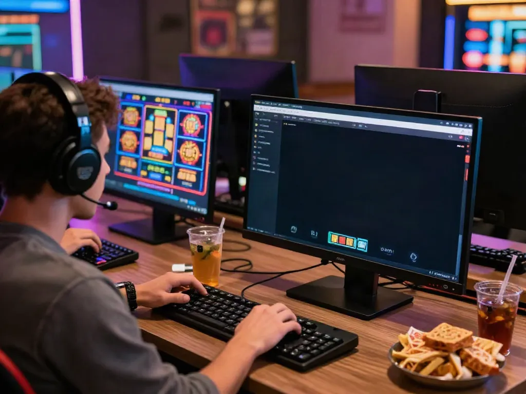 Engaging akunjp gaming experience with colorful LED setup and casino games on display.