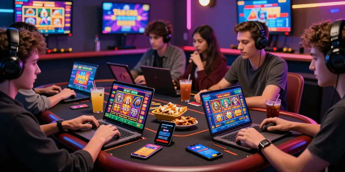 Engaged players exploring credit card casinos on https://eviz.org.uk with vibrant game displays, snacks, and payment options.