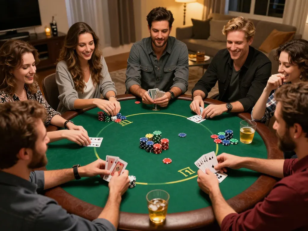 Exciting home poker night where friends enjoy link kjc while playing Texas Hold'em, vibrant atmosphere.