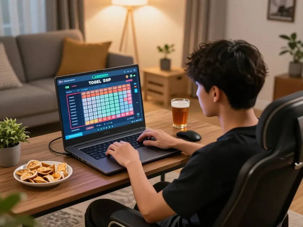 Engaging online gaming session with togel sgp results displayed on laptop in cozy atmosphere.