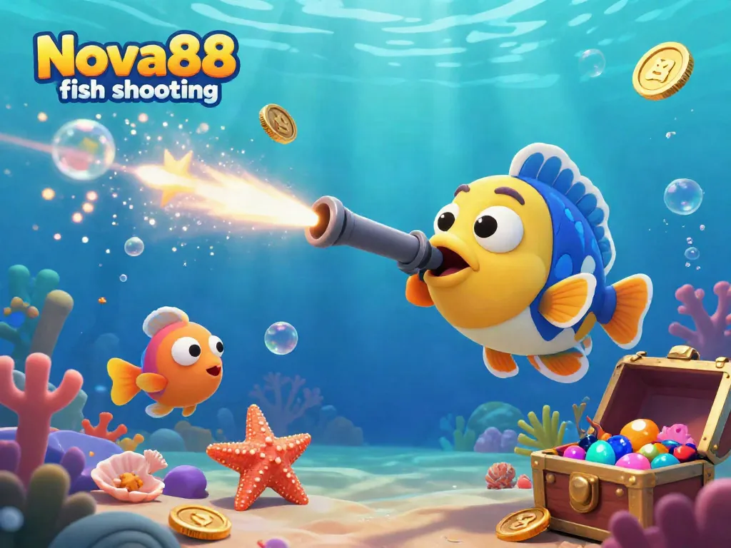 Nova88 fish shooting cannon directly targeting colorful fish in a lively underwater scene.