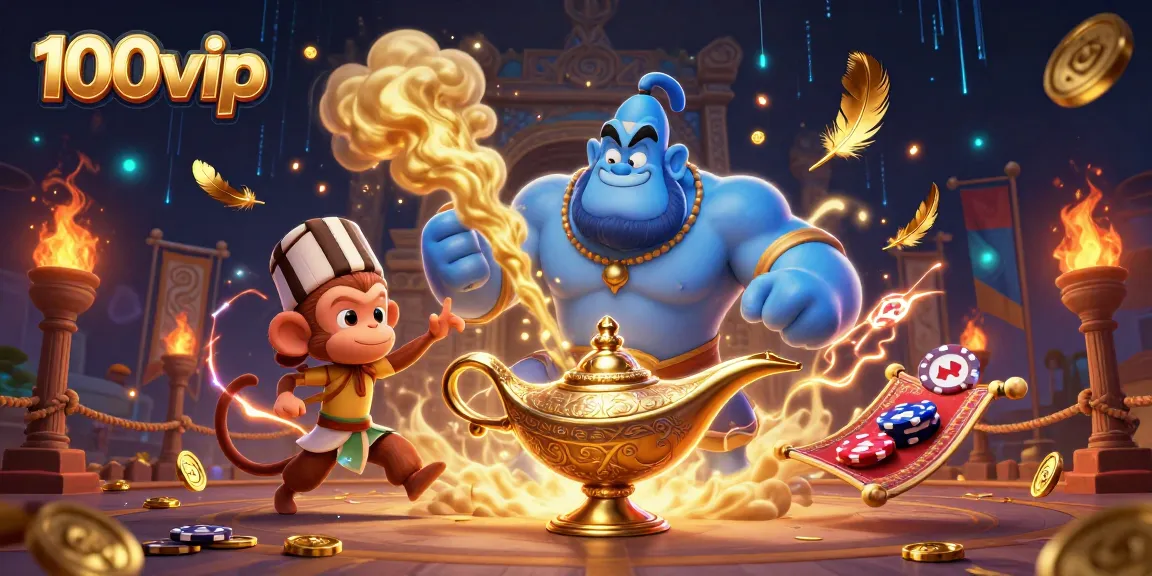 Experience dynamic gaming with 100vip, featuring a genie, monkey, and poker chips in an exciting casino adventure.