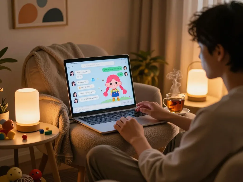 Engaging with an NSFW AI chatbot in a cozy setting, showcasing interactive characters and conversation threads.