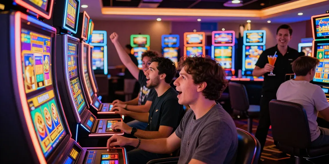 Players celebrating wins at bonus buy slots in a vibrant casino setting.