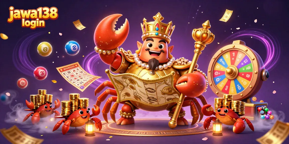 Masuk ke dunia perjudian JAWA138 login dengan ilustrasi menarik dari kaisar kepiting emas yang memegang peta harta.