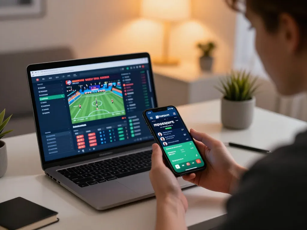 Engaging in sports betting with mposport app on smartphone in a modern home office.