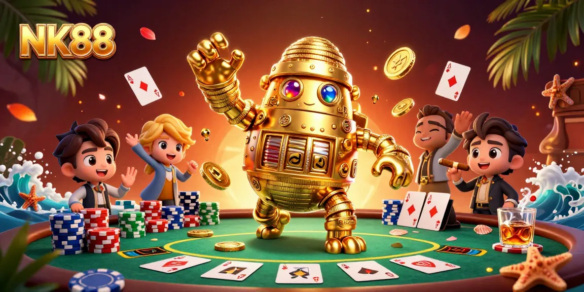 Engage in thrilling gameplay at NK88 with vibrant casino elements showcasing an ancient golden golem.
