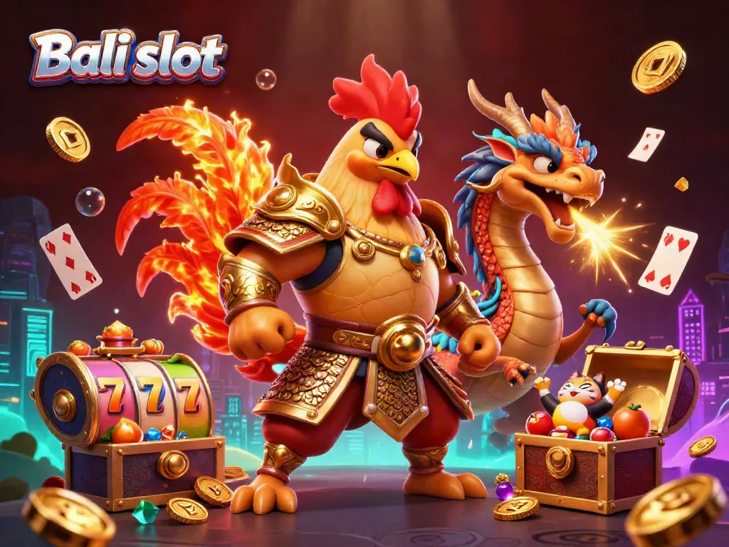 Bali slot offers vibrant gameplay with a rooster warrior, dragon, and treasure elements in this dynamic illustration.