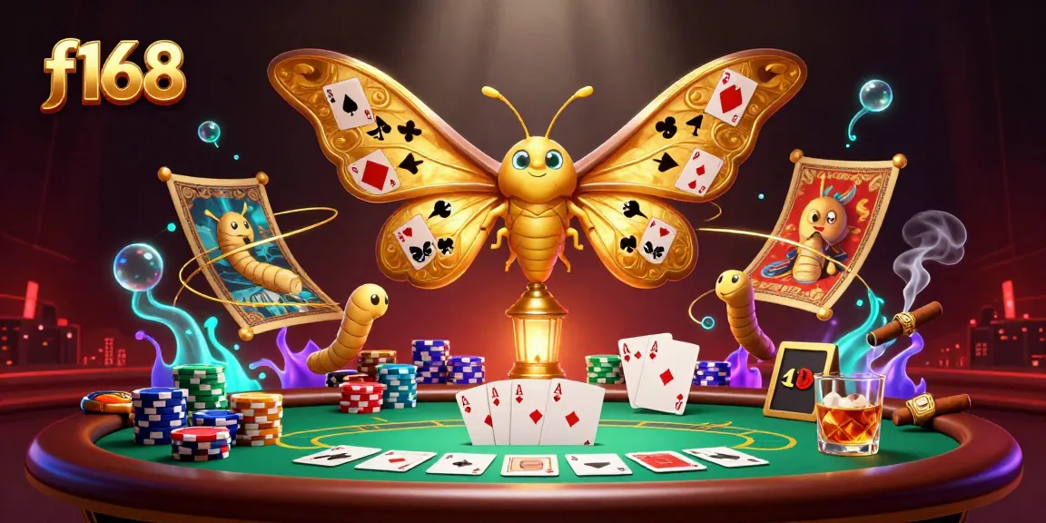 Experience f168's vibrant casino scene with a majestic atlas moth and poker elements.