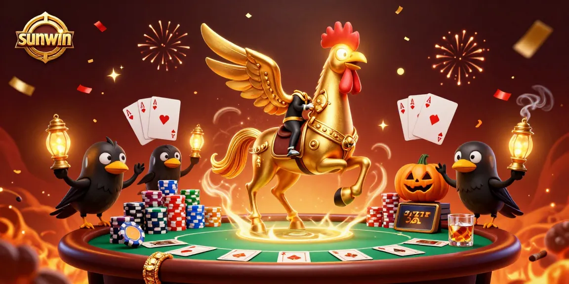 Engage in thrilling games at sunwin with our vibrant casino-themed 3D illustration showcasing poker elements and golden rooster character.