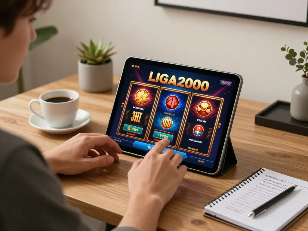 LIGA2000 player engaging with online slot games on a tablet in a cozy home setting.