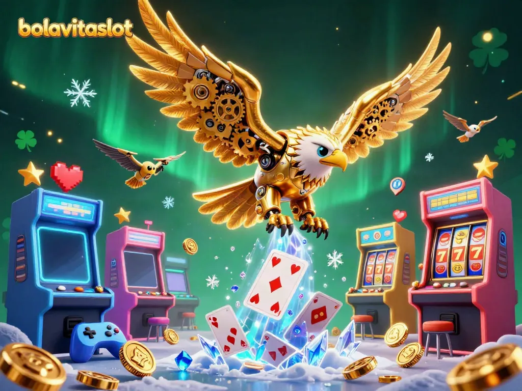 Experience thrilling gameplay with bolavitaslot's cybernetic golden eagle surrounded by vibrant casino elements.