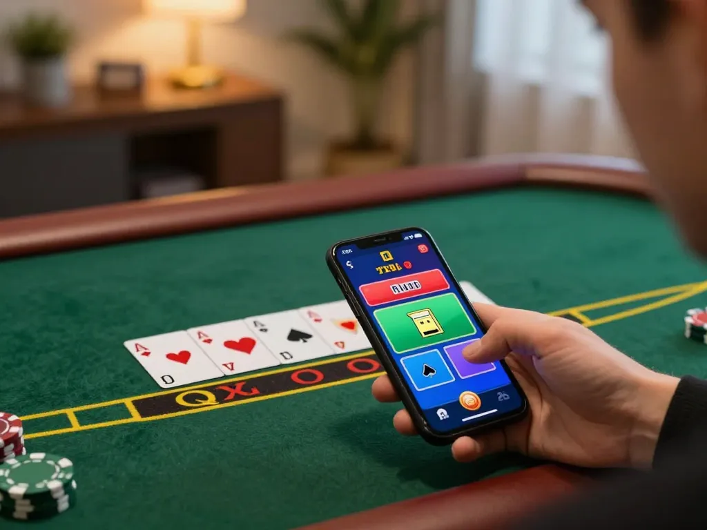 Engaging with okfun's live dealer blackjack game on smartphone, cozy home office setting.