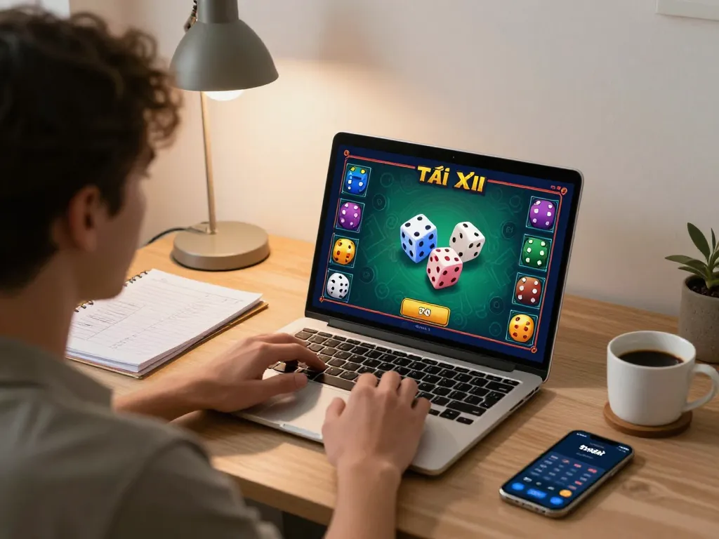 Tài xỉu online uy tín gameplay session at home, showing dynamic dice rolls on screen and strategic setup.