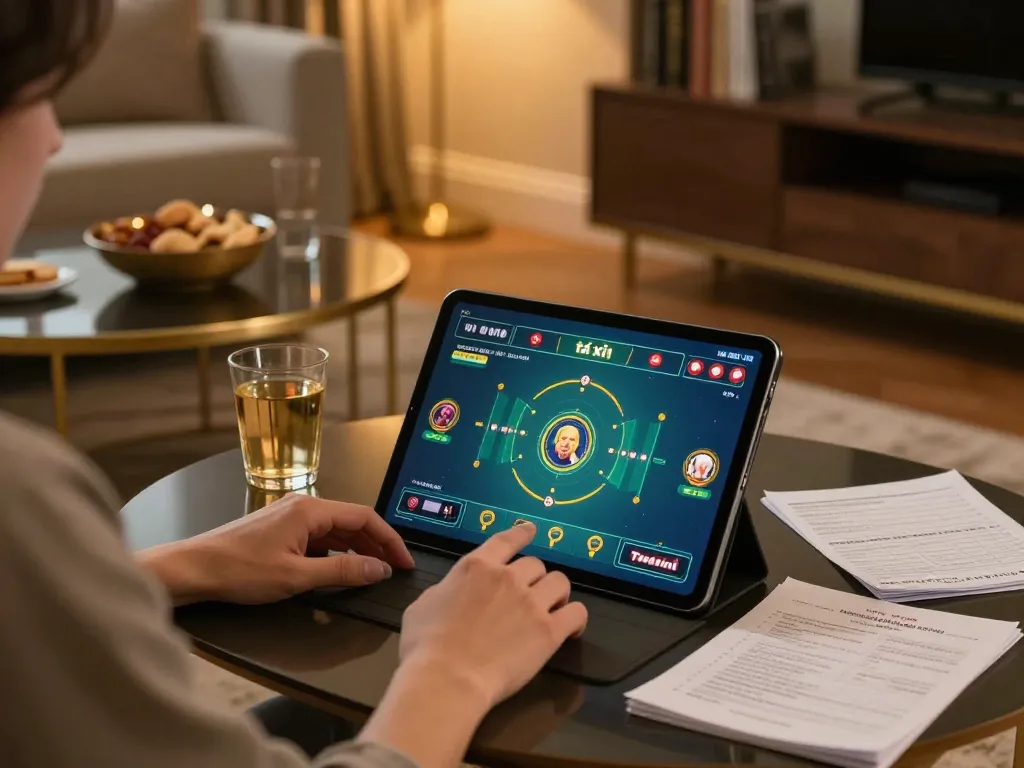 Engaging in strategic tài xỉu online gameplay at home, focusing on tablet screen with warm, inviting atmosphere