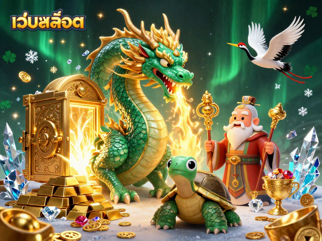Experience thrilling เว็บสล็อต action with an emerald jade dragon, a sage, and lucky cranes in a vibrant casino scene.