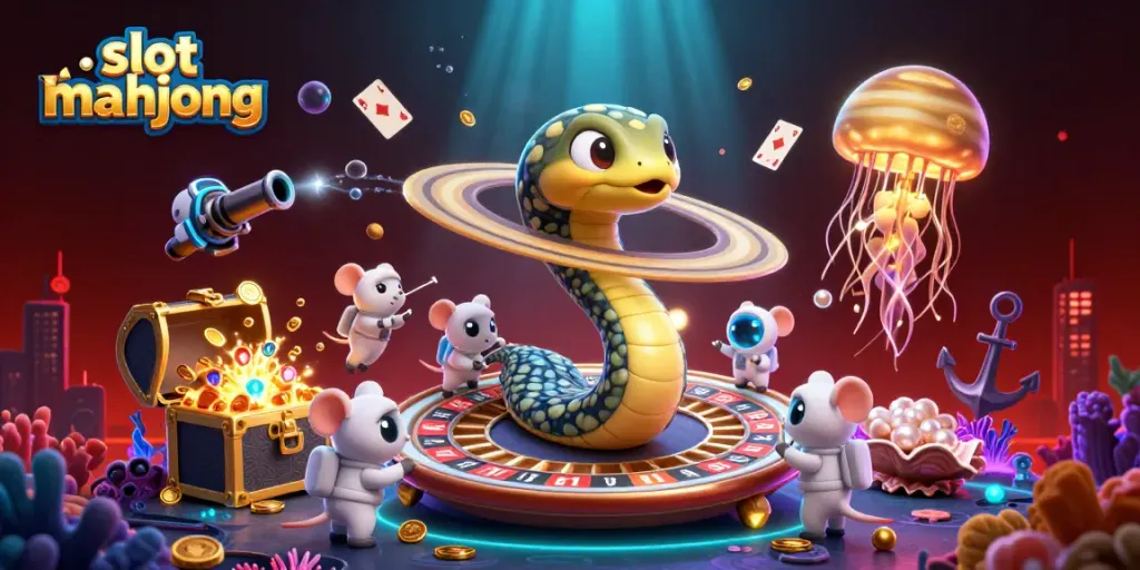 Experience the excitement of slot mahjong with unique 3D cartoon characters surrounded by dynamic casino elements.