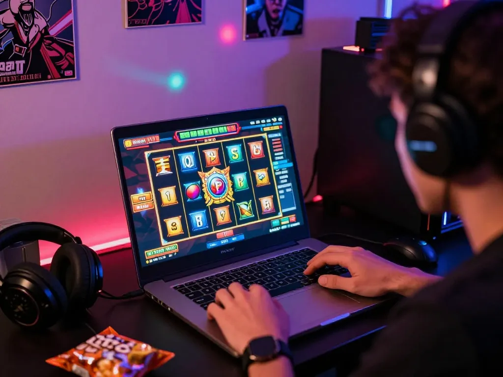 Player enjoying kerajaanslot online gaming experience in vibrant gaming corner with exciting visuals.