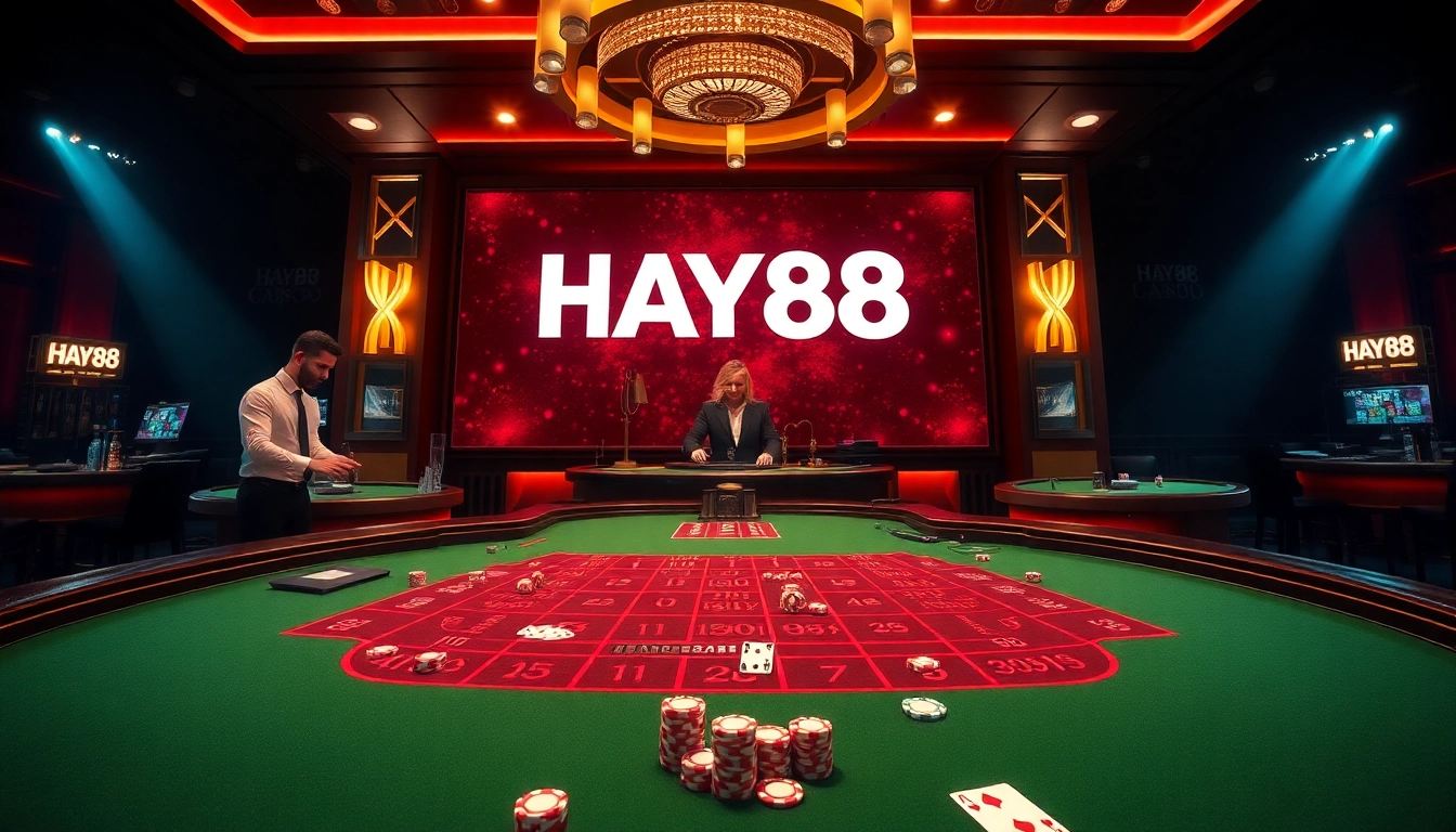 Engage in thrilling gambling at HAY88's luxurious casino tables filled with poker chips and cards.