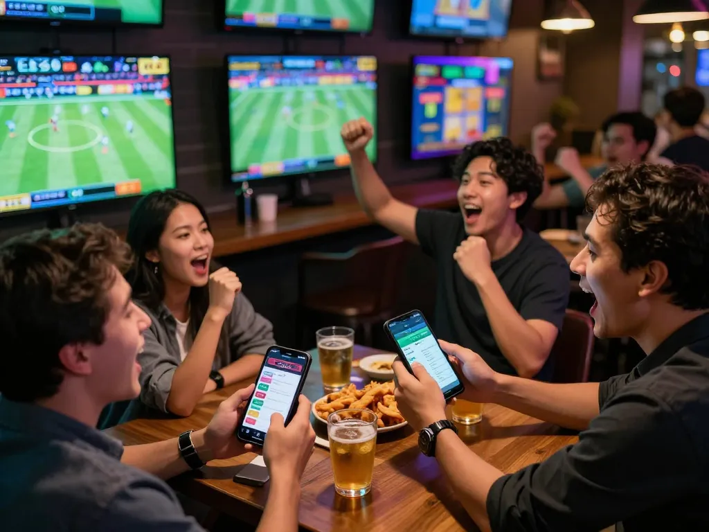 Watch patrons engaged in sports betting, tracking tỷ lệ kèo nhà cái on mobile apps in a vibrant sports bar atmosphere