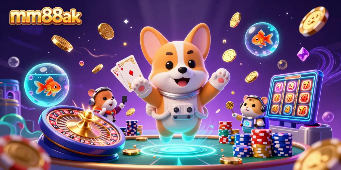 Experience casino fun with mm88ak as a corgi astronaut celebrates winning with golden coins and sparkling gems.