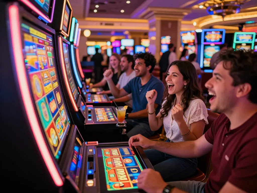 Players enjoying the thrill of a link slot machine in a vibrant Las Vegas casino.