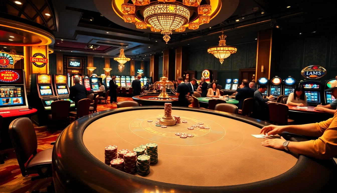 Xocdia88 gaming table with vibrant chips and elegant casino ambiance for an exciting gambling experience.