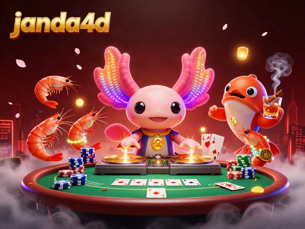 Visualisasi meriah pengalaman bermain janda4d dengan DJ axolotl dan elemen kasino.