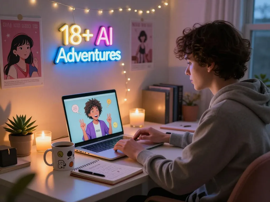 Engaging 18+ AI chat scene in cozy home office, showcasing digital interactions and intimate atmosphere.