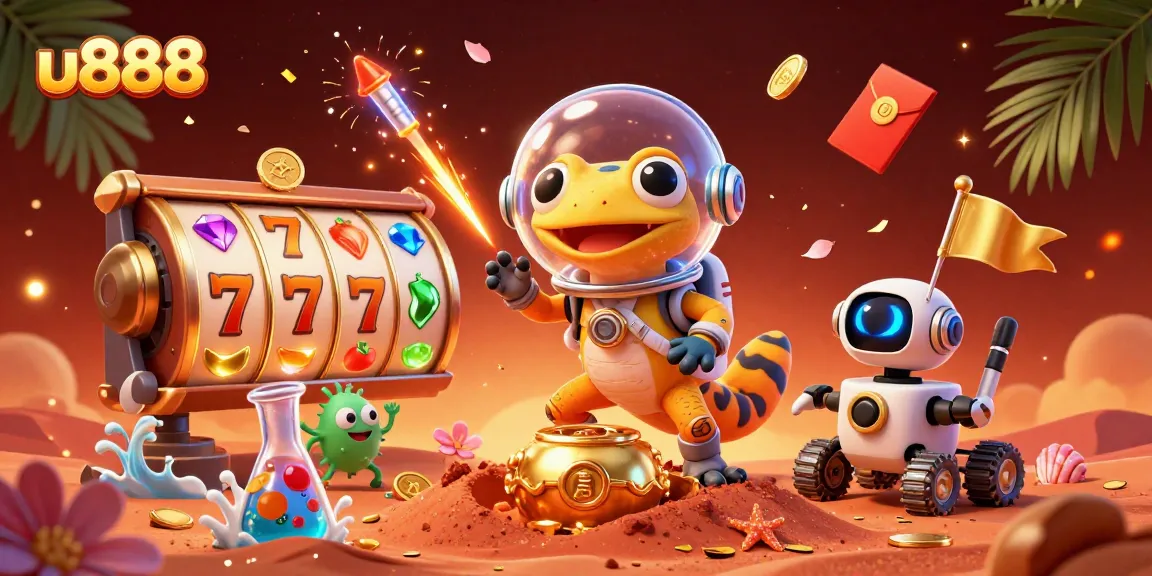 Experience the excitement of u888 with a Martian gecko and casino treasures in a vibrant 3D scene.