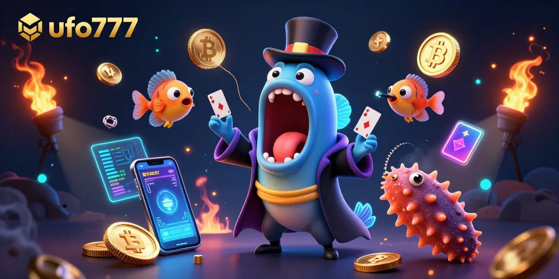 ufo777 showcases a bioluminescent eel magician performing card tricks amid glowing crypto coins and casino elements.