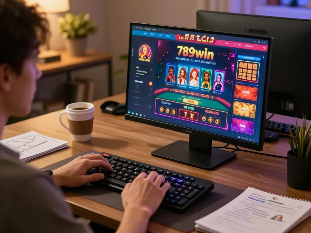 Engaging activity at 789win online casino with user playing high-stakes poker on laptop.