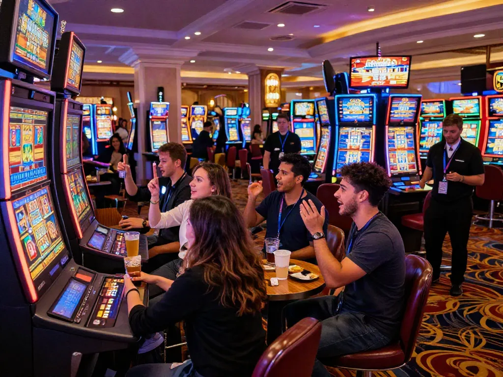Excited friends celebrating a win at a slot gacor machine in a vibrant casino environment.