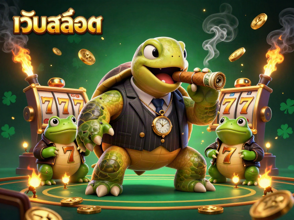Engage with เว็บสล็อต featuring a mobster turtle and bullfrog enforcers in a vibrant casino scene.