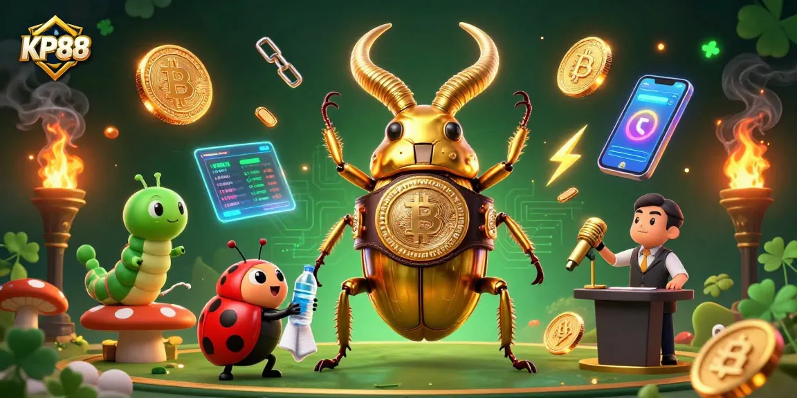 Experience exciting gameplay at KP88 with a giant golden stag beetle boxing champion surrounded by neon cryptocurrency elements.