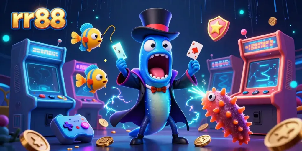 Experience thrilling card tricks in a vibrant rr88 casino world with unique sea creatures immersed in game-themed visuals.