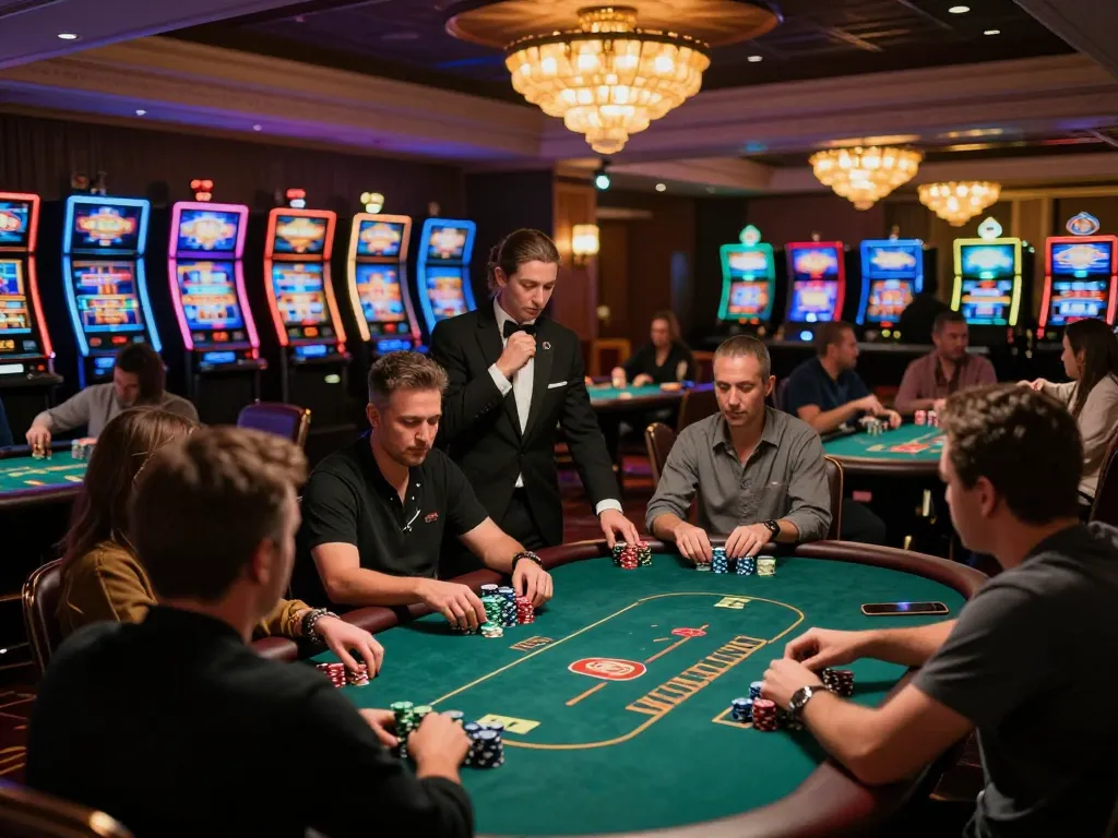 Experience the thrill at cm88 com with players betting at upscale poker tables, vibrant casino atmosphere.