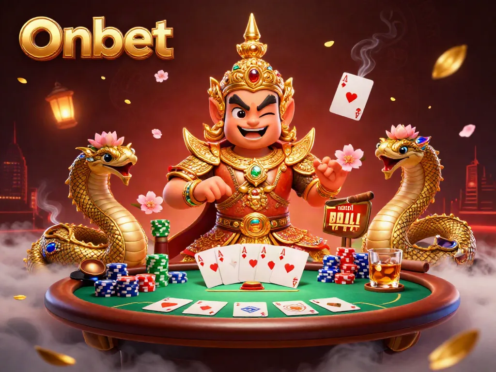 Experience Onbet with thrilling card games around the guardian and serpents at a poker table.