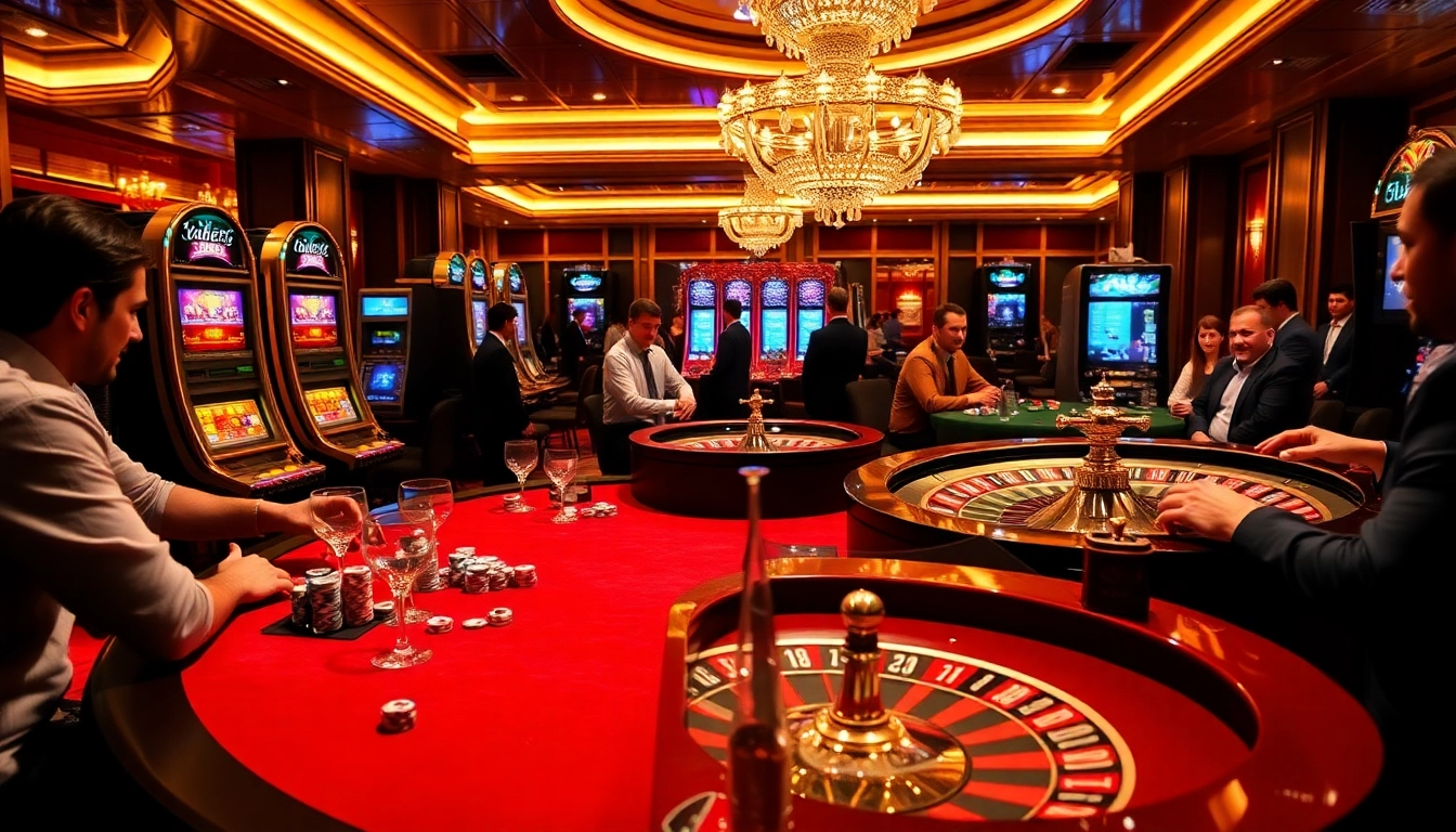 Experience the excitement of gambling at a luxurious casino featuring tabet-themed tables and slot machines.